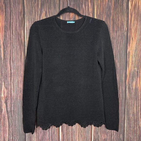 J. Mclaughlin Womens Black Open Knit Pullover Sweater Top Scallop Hem Sz Small - Picture 1 of 6
